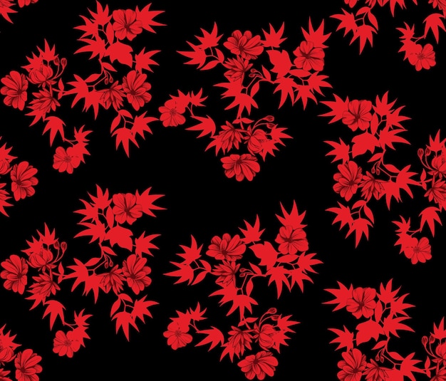 Red Flowers on Black background seamless pattern for Digital Print and Wallpaper