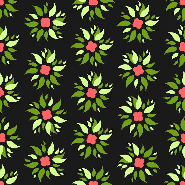 Red flowers and green leaves on black background Floral vector seamless pattern