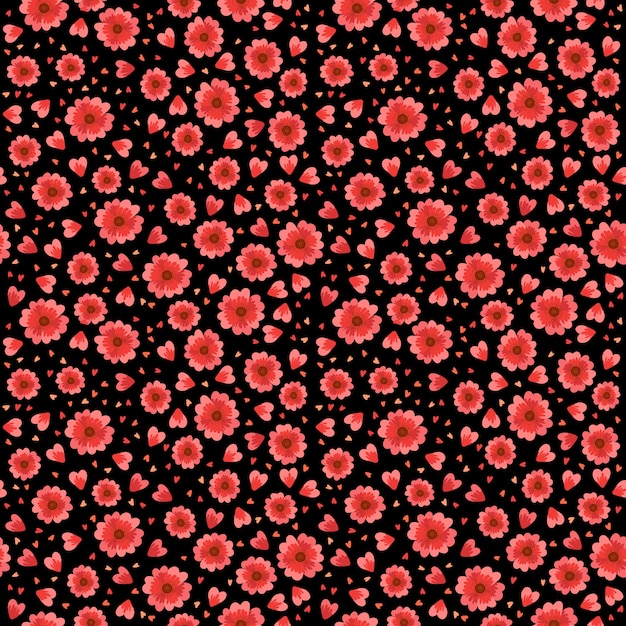 Red flowers and hearts  seamless pattern