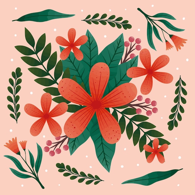 Red flowers and leafs garden pattern