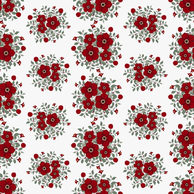 Vector red flowers wreath ivy style with branch and leaves, seamless pattern