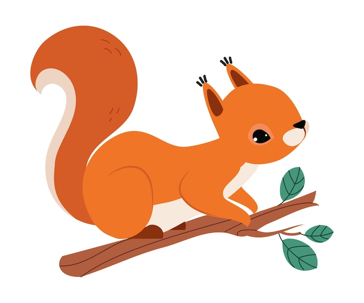 Vector red fluffy squirrel with bushy tail sitting on tree branch vector illustration