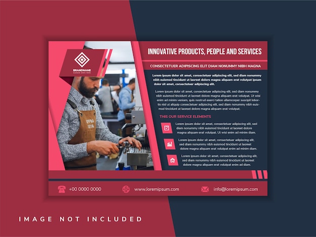 red flyer template design with example headline is innovative products people and services
