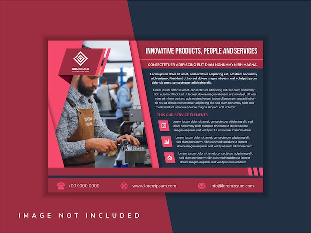 Red flyer template design with example headline is innovative products people and services