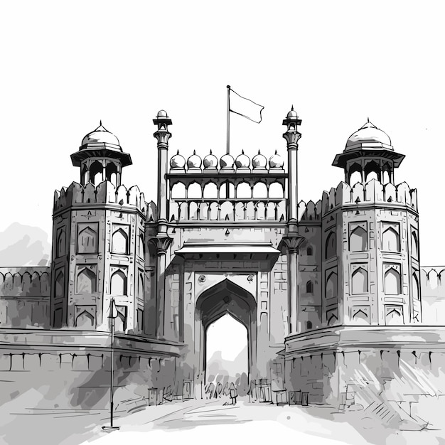 Vector red fort black and white illustration of red fort