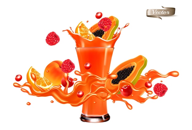 ベクトル 赤いフルーツ ジュース スプラッシュ ウェーブ全体とスライスしたイチゴ ラズベリー チェリー パパイヤ オレンジ スプラッシュと甘いシロップの波と透明な背景 3 d ベクトルに分離されたジュースとガラス