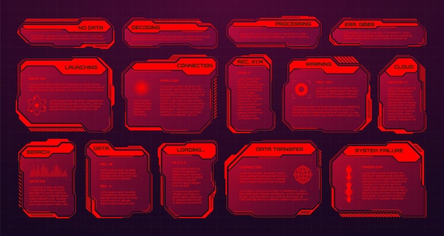 Vector red futuristic hud or ui elements scifi user interface text boxes callouts warning message frames