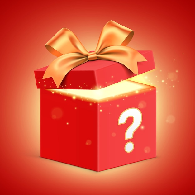 Vector red gift box with question mark golden ribbon and shining glitter light. secret gift vector banner