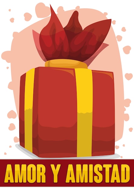 Red gift with golden ribbons and a bow over a heart pattern background to celebrate Secret Friend