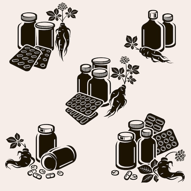 Red ginseng set collection icon red ginseng vector