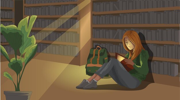 Ragazza rossa che si siede e che legge nella biblioteca