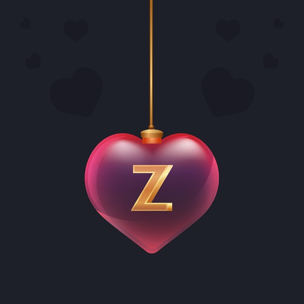 내부에 황금 3D 문자 Z가 있는 빨간 유리 심장 장난감. 발렌타인 데이 장식입니다. 배너, 초대장 또는 모든 광고를 위한 디자인 요소입니다. 벡터