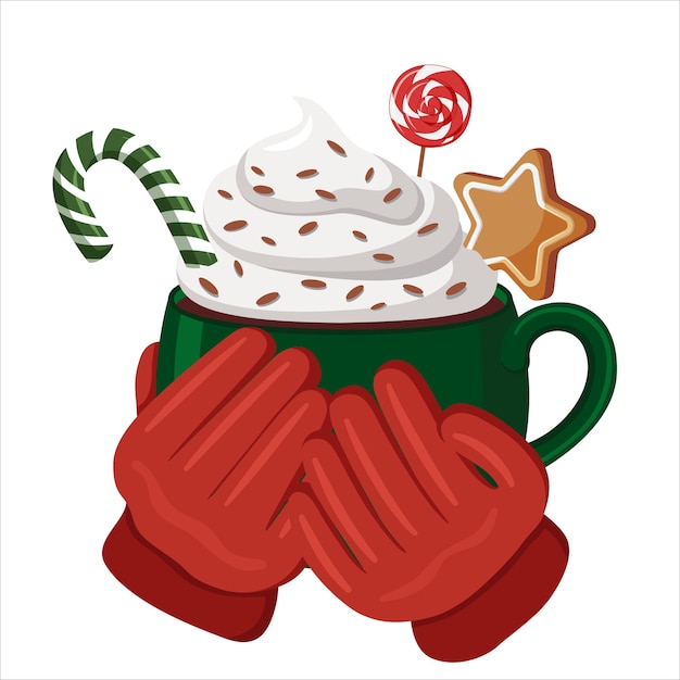赤い手袋をした手は、ホットココア、ホイップクリーム、キャンディーで満たされた緑のカップを持っています。クリスマスの飲み物。