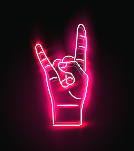 Insegna al neon d'ardore rossa del gesto di mano della roccia. concetto di musica rock and roll per la progettazione di poster o flyer. illustrazione.