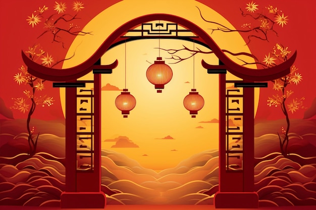 Red gold background two lanterns