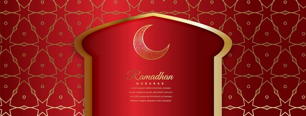 A red and gold card with a crescent moon and the word ramadan on it