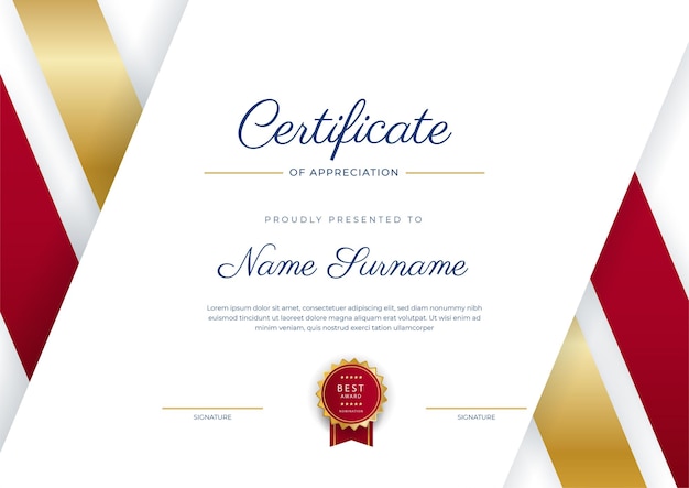 Красно-золотой шаблон границы сертификата о достижениях с роскошным значком и современным рисунком линии Для награждения деловых и образовательных нужд