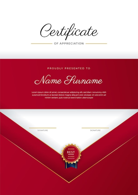 Red and gold certificate of achievement border template with luxury badge and modern line pattern For award business and education needs