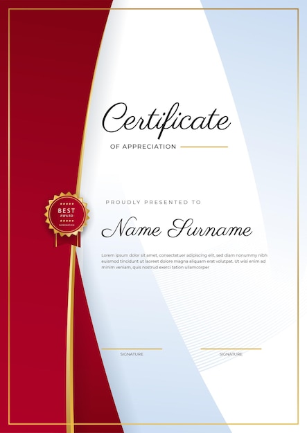 Red and gold certificate of achievement border template with luxury badge and modern line pattern for award business and education needs