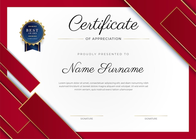 Vector red and gold certificate of achievement border template with luxury badge and modern line pattern for award business and education needs