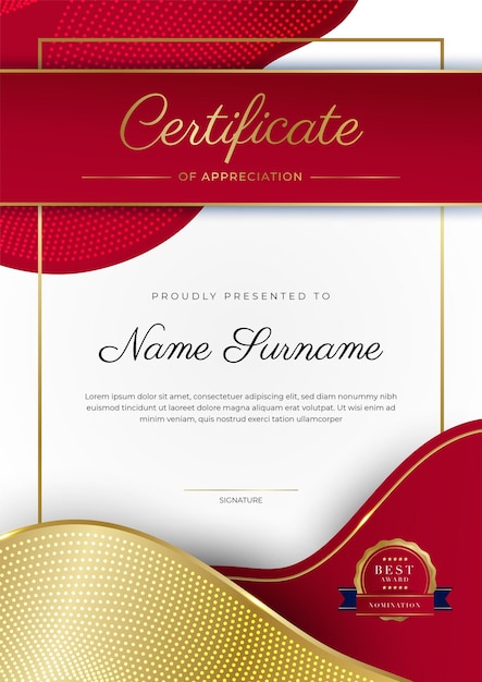 Red and gold certificate of achievement border template with luxury badge and modern line pattern For award business and education needs