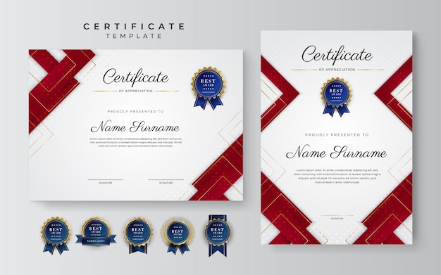 Red and gold certificate of achievement border template with luxury badge and modern line pattern For award business and education needs