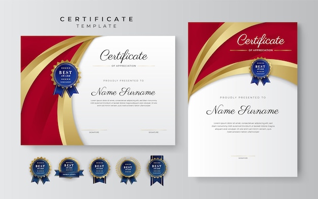 Red and gold certificate of achievement border template with luxury badge and modern line pattern for award business and education needs