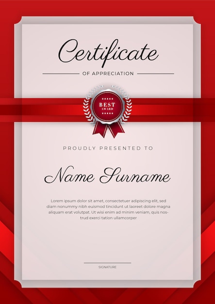 Red and gold certificate of achievement border template with luxury badge and modern line pattern For award business and education needs