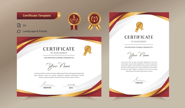 Vector red and gold certificate of achievement template for award business and education needs