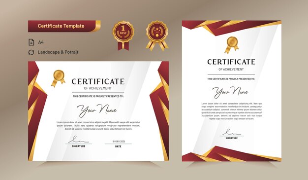 Vector red and gold certificate of achievement template for award business and education needs