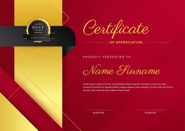 Vector red and gold certificate of achievement template with gold badge and border diploma certificate border template set with badges for award business and education