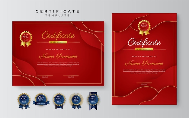 Modello di certificato di successo rosso e oro con distintivo e bordo dorati