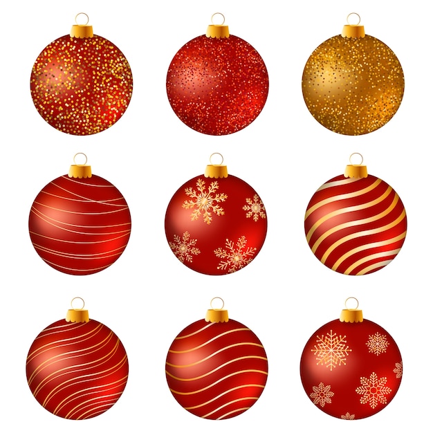 白い表面に赤と金のクリスマスボール。孤立した現実的な装飾のセット。ベクトル図。