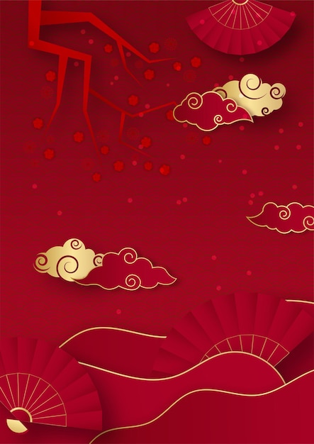 Red and gold happy chinese new year festival banner background design. Chinese china red and gold background with lantern, flower, tree, symbol, and pattern. Red and gold papercut chinese template