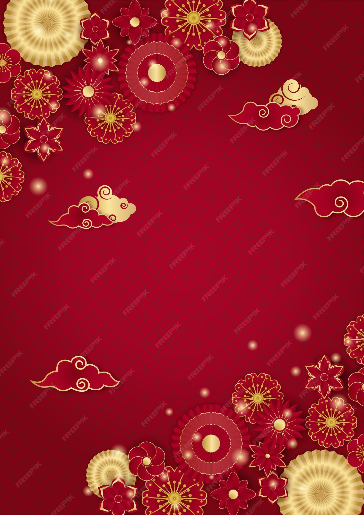Premium Vector | Red and gold happy chinese new year festival banner  background design. chinese china red and gold background with lantern,  flower, tree, symbol, and pattern. red and gold papercut chinese