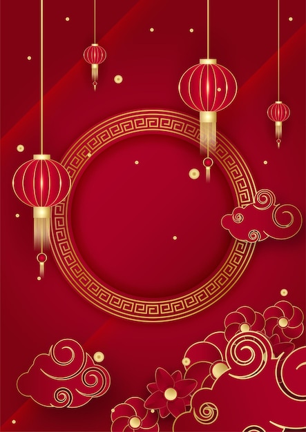 Red and gold happy chinese new year festival banner background design. Chinese china red and gold background with lantern, flower, tree, symbol, and pattern. Red and gold papercut chinese template