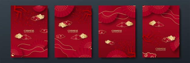 Red and gold happy chinese new year festival banner background design. Chinese china red and gold background with lantern, flower, tree, symbol, and pattern. Red and gold papercut chinese template