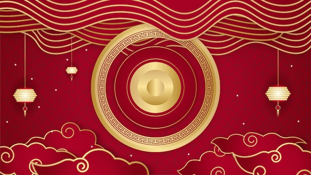 Red and gold happy chinese new year festival banner background design. Chinese china red and gold background with lantern, flower, tree, symbol, and pattern. Red and gold papercut chinese template