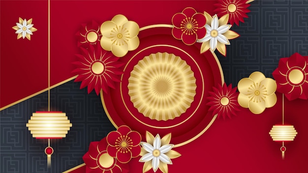 Red and gold happy chinese new year festival banner background design. Chinese china red and gold background with lantern, flower, tree, symbol, and pattern. Red and gold papercut chinese template