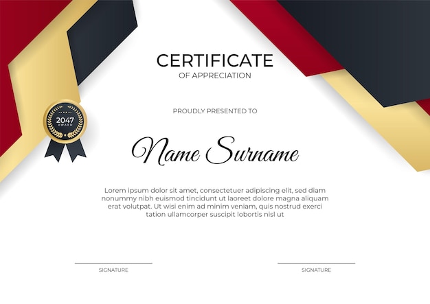 Red gold modern certificate of achievement template with futuristic business design concept