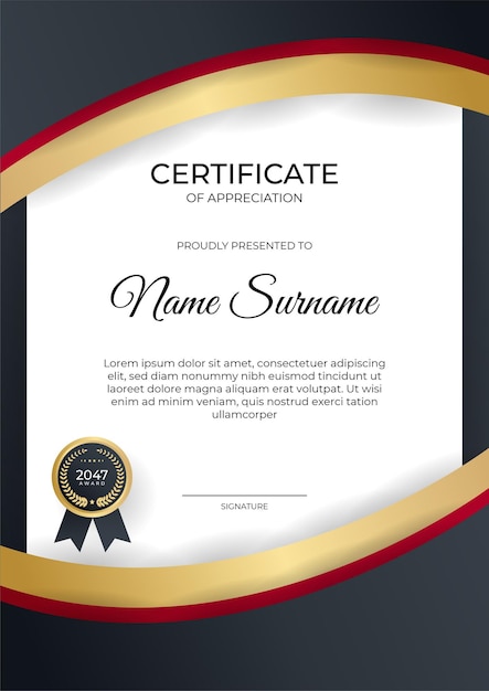 Red gold modern certificate of achievement template with futuristic business design concept