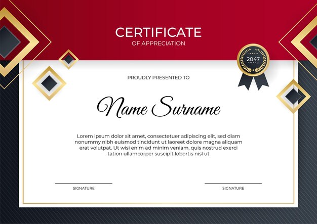 Red gold modern certificate of achievement template with futuristic business design concept