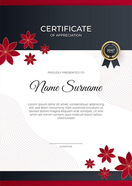 Red gold modern certificate of achievement template with futuristic business design concept
