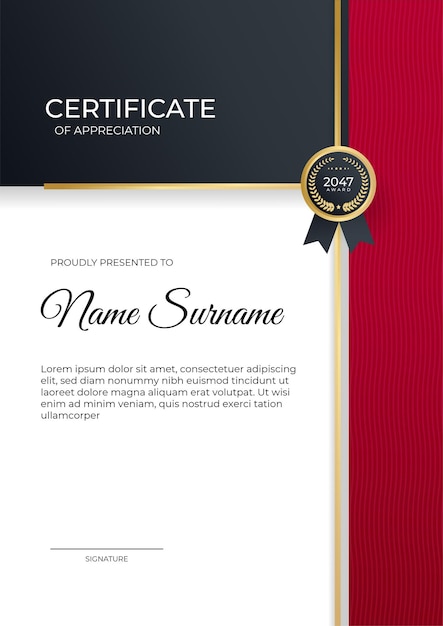 Red gold modern certificate of achievement template with futuristic business design concept