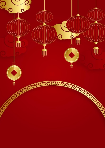 Red and gold papercut chinese background template. chinese china universal red and gold background with lantern, flower, tree, symbol, and pattern