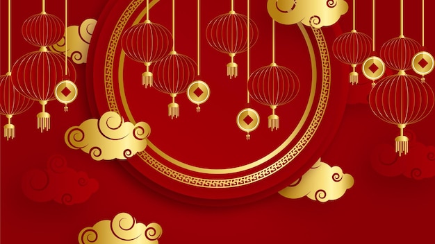 Red and gold papercut chinese background template. Chinese china universal red and gold background with lantern, flower, tree, symbol, and pattern.