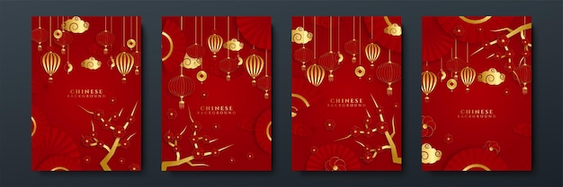 Red and gold papercut chinese background template. chinese china universal red and gold background with lantern, flower, tree, symbol, and pattern.