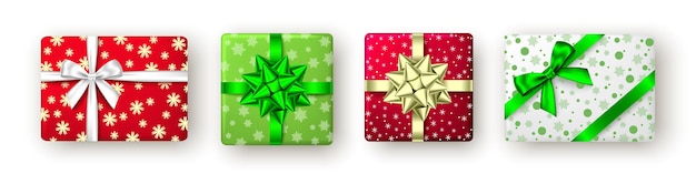 Красная, золотая, зеленая подарочная коробка с лентой и бантом, вид сверху. рождество, новогодняя вечеринка, с днем рождения или пасхальный дизайн упаковки. настоящее время, изолированные на белом фоне. вектор.