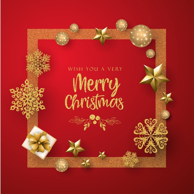 Red and golden merry christmas greeting card