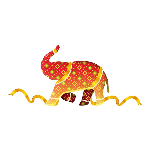 Vector red and golden square geometric cross elephant running with ribbon on white background